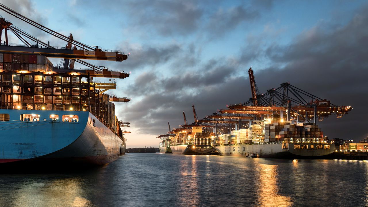 About A breathtaking view of illuminated container ships and cranes in Hamburg harbor during dusk.